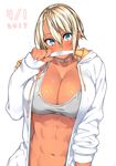  2017 23_(real_xxiii) abs april_fools blonde_hair blush breasts choker commentary_request dark-skinned_girl_(23) dark_skin highres hood hood_down hoodie jacket large_breasts navel open_clothes open_hoodie original pregnancy_test short_hair simple_background solo sports_bra sweatdrop toned 