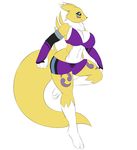  2017 anthro armwear big_breasts black_sclera blue_eyes bra breasts canine clothed clothing digimon female fox fur huge_breasts legs_up mammal navel renamon shorts simple_background solo underwear white_background white_fur wide_hips xehta13 yellow_fur 