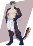  anthro feline fur hair looking_at_viewer male mammal muscular nipples redpixie smile solo standing tiger towel 