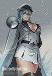  akame_ga_kill! banned_artist blue_eyes blue_hair boots breasts cleavage esdeath hat large_breasts long_hair looking_at_viewer military military_uniform peaked_cap snowing solo sword thigh_boots thighhighs uniform very_long_hair weapon yinan_cui 