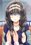 alternate_hairstyle black_hair blue_eyes blush braid braiding_hair breasts hair_half_undone hairdressing idolmaster idolmaster_cinderella_girls jewelry large_breasts long_hair looking_at_viewer necklace oga_raito open_mouth out_of_frame pov pov_hands sagisawa_fumika shawl solo_focus translation_request twin_braids 