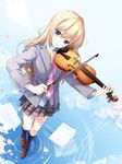  blazer blonde_hair blue_eyes cherry_blossoms commentary_request head_tilt highres instrument jacket kneehighs long_hair looking_at_viewer miyazono_kawori music necktie playing_instrument pleated_skirt reflection ripples school_uniform shigatsu_wa_kimi_no_uso shirt shoes skirt smile verjuice violin 