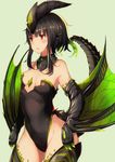 astalos black_hair black_legwear breasts commentary_request dragon_girl dragon_horns dragon_tail dragon_wings green_wings highres horns monster_hunter personification red_eyes short_hair small_breasts solo tail thighhighs tobimura wings 