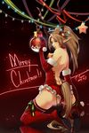 absurdres antlers arm_support ass bare_shoulders bauble bell blonde_hair boots choker christmas elbow_gloves elf eyelashes frills fur_trim gloves green_eyes high_heel_boots high_heels highres kneeling kyouki_no_kimi lips looking_back merry_christmas original parted_lips pointy_ears ponytail red_footwear red_legwear reflection shoulder_blades solo tail thigh_boots thighhighs 