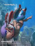  2017 anthro arthropod blue_body brown_hair crustacean duo english_text female hair hand_on_butt hattonslayden human human_on_anthro interspecies kissing long_hair male male/female mammal mantis_shrimp marine multi_arm multi_limb nude purple_hair red_body shrimp text underwater water white_body 