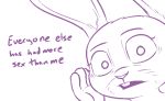  2016 anthro buckteeth dialogue disney english_text everyone_else_has_had_more_sex_than_me female judy_hopps lagomorph looking_at_viewer mammal monochrome purple_and_white rabbit simple_background talking_to_viewer teeth text tggeko white_background zootopia 