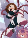  ;o arms_behind_back blush blush_stickers bodysuit boku_no_hero_academia boots breast_squeeze breasts brown_eyes brown_hair building commentary highres imminent_rape large_breasts monster one_eye_closed open_mouth outdoors restrained road short_hair skin_tight smile solo spread_legs street sweat teeth tentacles uraraka_ochako window 