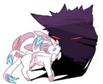 bad_pixiv_id blue_eyes bow from_side full_body gen_1_pokemon gen_6_pokemon gengar ghost jkwaipa0926 looking_at_another no_humans no_pupils pokemon pokemon_(creature) red_sclera shadow simple_background smile sylveon tail white_background yellow_eyes 