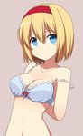  adjusting_bra adjusting_clothes alice_margatroid arms_behind_back blonde_hair blue_eyes bow bra breasts cleavage collarbone commentary_request enushi_(toho193) frilled_bra frilled_underwear frills hair_between_eyes hairband highres lavender_background looking_at_viewer medium_breasts navel red_bow red_hairband revision short_hair simple_background solo strap_slip touhou underwear underwear_only undressing upper_body white_bra 