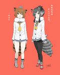  anchor ankle_boots arms_at_sides bangs bare_legs bird_tail black_eyes black_hair black_hairband black_legwear boots brown_eyes brown_hair buttons closed_mouth commentary_request cosplay dress eurasian_eagle_owl_(kemono_friends) expressionless eyebrows_visible_through_hair full_body fur_collar gradient_hair grey_footwear grey_hair hair_between_eyes hairband hat head_tilt head_wings headgear high_heels highres kantai_collection kemono_friends long_sleeves looking_at_viewer looking_to_the_side minazuki_tsuyuha mini_hat multicolored_hair multiple_girls neckerchief northern_white-faced_owl_(kemono_friends) outstretched_hand pantyhose red_background red_footwear sailor_collar sailor_dress shoes short_hair short_hair_with_long_locks sidelocks signature simple_background smile standing tokitsukaze_(kantai_collection) tokitsukaze_(kantai_collection)_(cosplay) translated yellow_neckwear yukikaze_(kantai_collection) yukikaze_(kantai_collection)_(cosplay) 