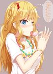  blonde_hair blue_eyes blush breasts candy fellatio_gesture food heart heart-shaped_pupils idolmaster idolmaster_cinderella_girls licking lollipop long_hair looking_at_viewer medium_breasts oga_raito one_side_up ootsuki_yui open_mouth simple_background solo symbol-shaped_pupils translation_request 