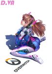  2016 acronym alternate_eye_color artist_name ass bangs blue_bodysuit blue_eyes bodysuit boots bracer breast_grab breasts brown_hair character_name chen_lu closed_mouth copyright_name d.va_(overwatch) dated emblem eyelashes facepaint facial_mark from_above from_side full_body gloves grabbing hand_on_breast hands_on_own_chest hands_up headphones high_collar highres lips lipstick logo long_hair long_sleeves looking_at_viewer looking_to_the_side makeup mascara medium_breasts overwatch pauldrons pilot_suit pink_lips pink_lipstick ribbed_bodysuit shadow shiny shiny_clothes shoulder_pads simple_background sitting skin_tight solo swept_bangs thigh_boots thigh_strap thighhighs wariza whisker_markings white_background white_footwear white_gloves 