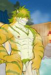  abs absurd_res anthro balls celeux_c colored feline hi_res hot_spring magan male mammal muscular nude outside pecs penis solo tiger tokyo_afterschool_summoners water 