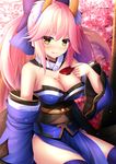  :q alcohol animal_ears bangs blue_bow blue_legwear blush bow breasts bust_cup cherry_blossoms cup detached_sleeves eyebrows_visible_through_hair fate/extra fate_(series) fox_ears fox_tail hair_bow hair_flaps holding holding_cup japanese_clothes large_breasts long_hair looking_at_viewer outdoors over-kneehighs pelvic_curtain pink_hair pouring sakazuki sake sidelocks sitting smile solo tail tamamo_(fate)_(all) tamamo_no_mae_(fate) thighhighs thighs tongue tongue_out toshi_(1-147) tree twintails yellow_eyes 