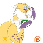  2017 anthro armwear blush book breasts bridal_gauntlets canine clothing digimon english_text eyewear female fox fur glasses mammal mostly_nude patreon renamon simple_background solo text tuft white_background white_fur wide_hips xehta13 yellow_fur 