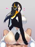  1girl ass bar_censor black_hair blush bouncing_breasts breasts brown_eyes censored clothed_female_nude_male clothed_sex emperor_penguin_(kemono_friends) from_behind girl_on_top grey_background hayabusa headphones heart heavy_breathing hetero highleg highleg_leotard highres hood hooded_jacket jacket kemono_friends large_breasts leotard leotard_aside long_hair long_sleeves looking_at_viewer looking_back lying multicolored_hair nude on_back open_mouth penguin_tail pov pov_crotch pubic_hair pussy pussy_juice reverse_cowgirl_position sex shiny shiny_hair simple_background straddling tail thong_leotard two-tone_hair vaginal 