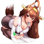  absurdres ahoge all_fours alternate_eye_color animal_ears ass bare_shoulders black_legwear blush boots boruhis breasts brown_eyes brown_hair cleavage detached_sleeves double_bun fox_ears fox_tail hairband headgear highres japanese_clothes kantai_collection kemonomimi_mode kongou_(kantai_collection) large_breasts long_hair looking_at_viewer nontraditional_miko open_mouth ribbon_trim sidelocks solo tail thigh_boots thighhighs thighs wide_sleeves 