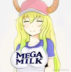  animal_humanoid big_breasts blonde_hair breasts clothed clothing dragon dragon_humanoid english_text eyes_closed female hair hat horn humanoid lewd_imouto long_hair mega_milk miss_kobayashi&#039;s_dragon_maid nipple_bulge quetzalcoatl_(dragon_maid) shirt simple_background smile solo text white_background 