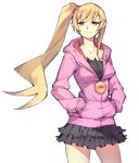  blonde_hair breasts gebyy-terar hands_in_pockets hood hooded_jacket jacket kiss-shot_acerola-orion_heart-under-blade large_breasts long_hair looking_at_viewer monogatari_(series) no_legwear oshino_shinobu pointy_ears side_ponytail simple_background skirt smile solo white_background yellow_eyes 