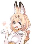  :d animal_ears animal_print artist_name bangs bare_shoulders blonde_hair bow bowtie breasts brown_dress brown_gloves dress elbow_gloves extra_ears eyebrows_visible_through_hair gloves hair_between_eyes hands_up high-waist_skirt highres kemono_friends looking_at_viewer medium_breasts open_mouth panza paw_pose paw_print serval_(kemono_friends) serval_ears serval_print shirt short_dress short_hair simple_background skirt sleeveless sleeveless_shirt smile solo upper_body white_background white_gloves white_shirt yellow_eyes 