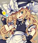  ;d black_gloves black_ribbon blonde_hair blue_eyes blush bow dated eyebrows_visible_through_hair fingerless_gloves gloves hair_bow hand_on_hip hat index_finger_raised iroyopon kirisame_marisa looking_at_viewer one_eye_closed open_mouth ribbon signature smile solo thick_eyebrows touhou white_bow witch witch_hat 