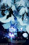  blue bluekomadori eye_contact glaceon glowing highres ice looking_at_another milotic no_humans open_mouth pokemon pokemon_(creature) pokemon_(game) smile snow snowing vanillite watermark web_address 