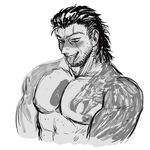  2boys bara epcs erection facial_hair final_fantasy final_fantasy_xv gladiolus_amicitia male_focus monochrome muscle nipples penis scar smile solo tattoo teeth tongue tongue_out yaoi 