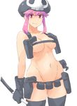  1girl alternate_breast_size arm arm_at_side bare_shoulders beret black_gloves black_legwear blush breasts closed_mouth collarbone female gloves hand_on_hip hat holding holding_weapon jakuzure_nonon kill_la_kill legs looking_at_viewer lowres medium_breasts navel neck nudist_beach_uniform pink_eyes pink_hair revealing_clothes short_hair_with_long_locks simple_background skull skull_print smile solo standing thighhighs underboob weapon white_background 