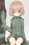  arm_grab arm_support bangs black_hair black_skirt black_vest blonde_hair blue_eyes blush closed_mouth frown girls_und_panzer green_jacket green_jumpsuit jacket katyusha long_hair long_sleeves looking_at_viewer military military_uniform miniskirt multiple_girls nonna pleated_skirt pravda_military_uniform short_hair short_jumpsuit shuuichi_(gothics) sitting skirt sleeve_tug solo_focus standing uniform vest 