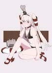 &gt;:( adapted_costume amatsukaze_(kantai_collection) bare_legs bikini black_bikini breasts brown_eyes chin_rest choker eyebrows_visible_through_hair frown full_body hair_ornament hairband high_heels kantai_collection long_hair navel ojipon protected_link rensouhou-kun simple_background sitting small_breasts solo steam swimsuit two_side_up v-shaped_eyebrows 