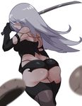  ass bare_shoulders blue_eyes elbow_gloves gloves glowing glowing_eye highres lightsource long_hair mole nier_(series) nier_automata silver_hair simple_background skindentation solo thighs torn_clothes white_background yorha_type_a_no._2 