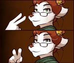  2017 anthro brown_background canine clothed clothing colored ear_piercing edit eyewear female fluffy glasses hair hair_bun keidran mammal mature_woman piercing pointing_fingers roselyn_(twokinds) simple_background smile tom_fischbach twokinds webcomic wolf 