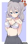  bare_arms bare_shoulders beret black_skirt blue_eyes bra breasts hat heart kantai_collection kashima_(kantai_collection) kurogoma_(haruhi3) large_breasts long_hair silver_hair skirt smile solo twitter_username two_side_up underwear white_bra 