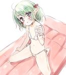  1girl barefoot bikini blush female flat_chest green_hair grin hiyoko_(chick&#039;s_theater) navel pointy_ears simple_background solo wariza white_background 