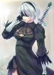  black_dress black_hairband blindfold cleavage_cutout covered_eyes dress feather-trimmed_sleeves hairband juliet_sleeves long_sleeves mole mole_under_mouth nier_(series) nier_automata pink_lips puffy_sleeves sawa_nao short_hair silver_hair solo sword vambraces weapon weapon_on_back yorha_no._2_type_b 
