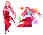  bangs breasts earrings eyebrows_visible_through_hair full_body hairband hakama japanese_clothes jewelry long_hair medium_breasts miko min-naraken open_mouth pink_hair red_eyes red_hakama sandals shaman's_sanctuary simple_background socks standing very_long_hair white_background white_legwear wide_sleeves 