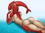  1girl ass back breasts dandonfuga fish_girl from_behind lips long_hair looking_back lying mipha monster_girl multicolored_skin nintendo on_stomach panties red_hair shiny shiny_hair shiny_skin sideboob smile solo the_legend_of_zelda the_legend_of_zelda:_breath_of_the_wild white_skin yellow_eyes zora 