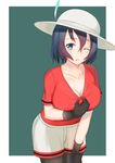  bad_id bad_pixiv_id bangs black_gloves black_hair black_legwear blue_eyes blush breasts cleavage collarbone cowboy_shot gloves hair_between_eyes hat hat_feather helmet highres kaban_(kemono_friends) kaname_(melaninusa09) kemono_friends large_breasts leaning_forward light_smile looking_at_viewer one_eye_closed pantyhose parted_lips pith_helmet red_shirt shirt shirt_pull short_hair short_sleeves shorts solo white_hat white_shorts 