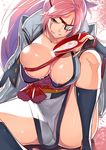  alcohol amputee baiken breasts bust_cup cleavage cup dripping eyepatch facial_tattoo guilty_gear guilty_gear_xrd japanese_clothes kawakami_masaki kimono large_breasts leg_up long_hair looking_at_viewer obi one-eyed open_clothes open_kimono pink_eyes pink_hair ponytail sakazuki sake sash scar scar_across_eye sitting solo tattoo 