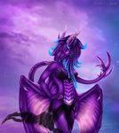  5_fingers anthro clothed clothing dragon horn looking_at_viewer membranous_wings midriff purple_eyes purple_scales scales selianth smile solo spines standing wings 