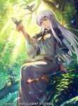  bangs bird blue_eyes book cape capelet company_connection copyright_name dress eyebrows_visible_through_hair feathers fire_emblem fire_emblem:_seisen_no_keifu fire_emblem_cipher forest jewelry long_dress long_hair long_sleeves nature official_art purple_hair sitting staff umiu_geso very_long_hair wide_sleeves yuria_(fire_emblem) 