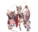  adjusting_clothes adjusting_shoe animal_ears bag bangs bare_shoulders belt breasts brown_hair closed_eyes clothes detached_sleeves elbow_gloves erune frills full_body gloves granblue_fantasy green_eyes grey_hair hair_ornament hat high_heels holding_clothes leg_up long_hair medium_breasts metera_(granblue_fantasy) minaba_hideo mirror mirrored mole mole_under_mouth multiple_girls official_art ribbon shopping_bag shorts smile socks sparkle sutera_(granblue_fantasy) thumbs_up transparent_background white_legwear 
