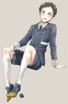  :d atsushi_toushirou bad_id bad_pixiv_id black_hair grey_eyes k-mame kneehighs male_focus military military_uniform necktie open_mouth shorts sitting smile touken_ranbu uniform white_legwear 