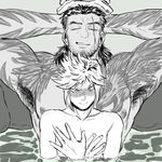  2boys armpit blush body_hair eyes_closed final_fantasy final_fantasy_xv gladiolus_amicitia male_focus multiple_boys muscle nipples pecs prompto_argentum scar sitting sitting_on_person smile tattoo towel water wet yaoi 