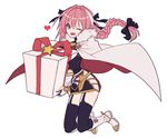  ;d absurdres armor astolfo_(fate) box braid cape fang fate/apocrypha fate_(series) full_body garter_straps gauntlets gift gift_box gimt hair_ribbon highres long_hair male_focus one_eye_closed open_mouth otoko_no_ko pink_hair purple_eyes ribbon single_braid smile solo thighhighs 