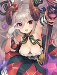  armpits bare_shoulders breasts crown demon_horns downblouse eyebrows_visible_through_hair floating_hair foreshortening gloves hair_between_eyes holding holding_staff horns idolmaster idolmaster_cinderella_girls kanzaki_ranko long_hair looking_at_viewer medium_breasts mini_crown open_mouth smile solo staff tetsujin_momoko v white_gloves 