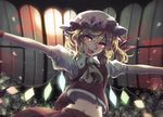  breasts commentary_request crystal fangs flandre_scarlet hair_between_eyes hat looking_at_viewer miyaoi mob_cap navel outstretched_arms short_hair small_breasts solo touhou vampire 