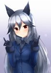  animal_ears arms_at_sides bangs breasts brown_eyes closed_mouth commentary_request eyebrows_visible_through_hair fox_ears fox_girl fox_shadow_puppet gradient gradient_background gradient_hair grey_hair grey_shirt hair_between_eyes hair_flaps hands_up highres kemono_friends long_hair looking_at_viewer medium_breasts multicolored_hair necktie shirasawa_kazane shirt silver_fox_(kemono_friends) silver_hair smile solo 