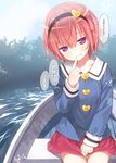  adapted_costume april_fools blue_shirt blush boat commentary_request hair_between_eyes hairband heart kiira komeiji_satori long_sleeves pink_hair pink_skirt purple_eyes shirt short_hair skirt smile solo speech_bubble touhou translated watercraft 