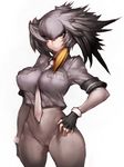  between_breasts bodystocking breasts cameltoe fingerless_gloves fumio_(rsqkr) gloves hand_on_hip kemono_friends looking_at_viewer medium_breasts necktie one_eye_closed shoebill_(kemono_friends) simple_background solo thighs 